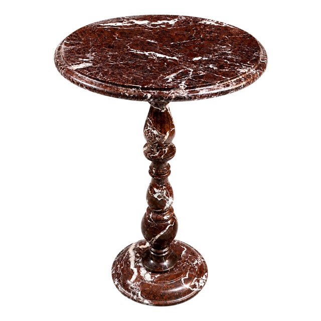 Red Marble Pedestal Side Table | Handcrafted Round Accent Table | Elegant Stone End Table For Sale
