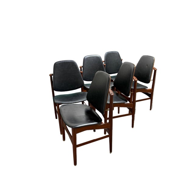 Mid-Century Modern Set of Six Danish Mid Century Modern Dining Chairs Att. To Arne Hovmand Olsen With Black Leather For Sale - Image 3 of 9