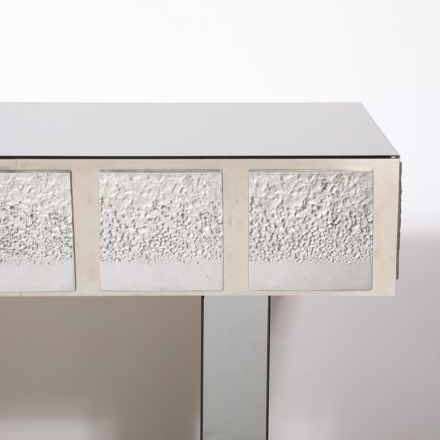 Modernist Mirrored & Polished Steel Console Table W/ Brutalist Tile Motif For Sale In New York - Image 6 of 18