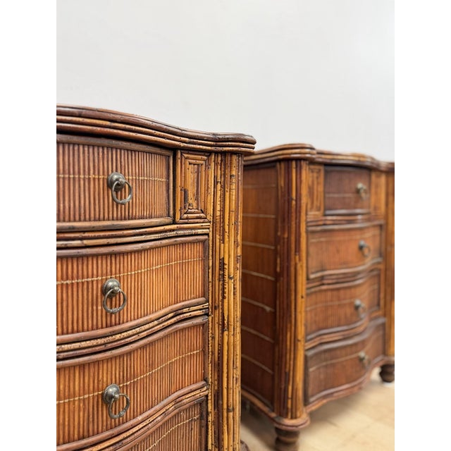 Wood Vintage Nightstands Split Bamboo Reed Four Drawer British Colonial Pair Coastal Regency, Pair For Sale - Image 7 of 12