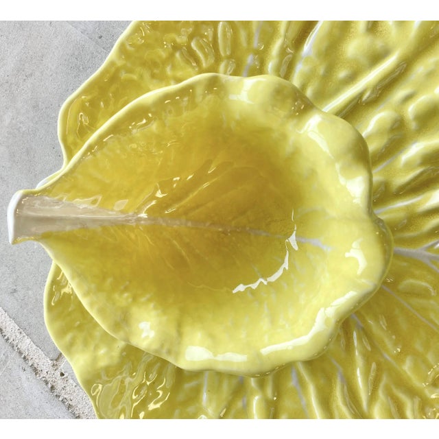 Mid/Late MidCentury MajolicaInspired Lettuce Ware Crudité Platter & Attached Bowl Attributed