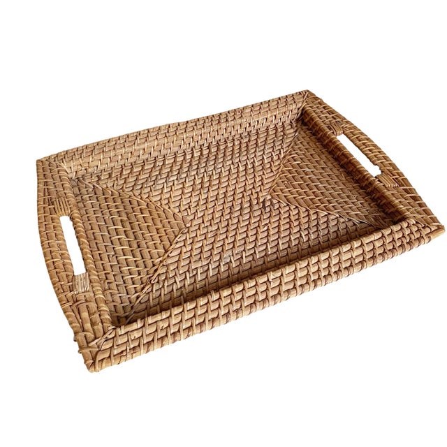 Contemporary Woven Rattan Serving Tray With Handles For Sale - Image 3 of 6