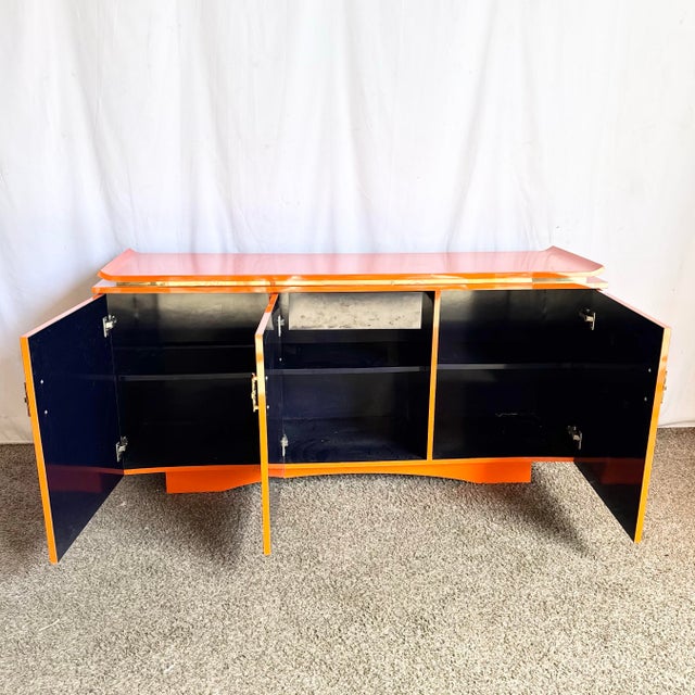 Postmodern Chinoiserie Orange Lacquer Laminate Credenza For Sale - Image 4 of 9