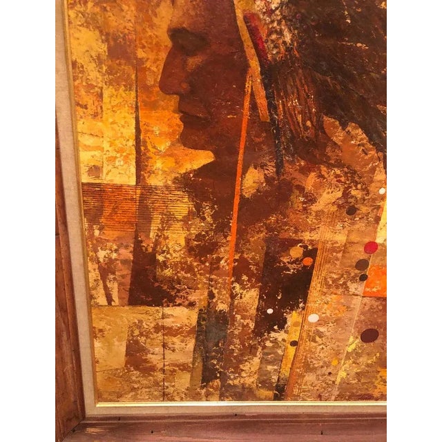 Wood Mid Century Oil on Board of an Indian Warrior For Sale - Image 7 of 13