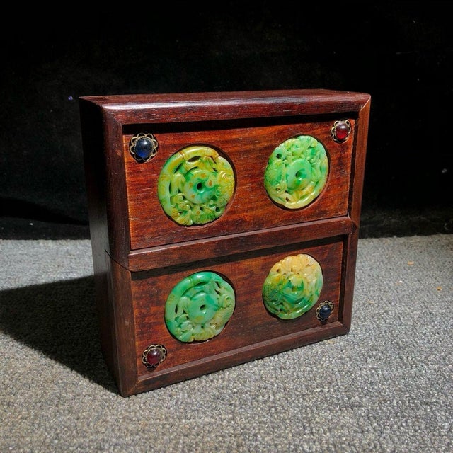 Asian Vintage Rosewood Jewelry Box With Jade Inlay - Asian Two-Drawer Chest For Sale - Image 3 of 9
