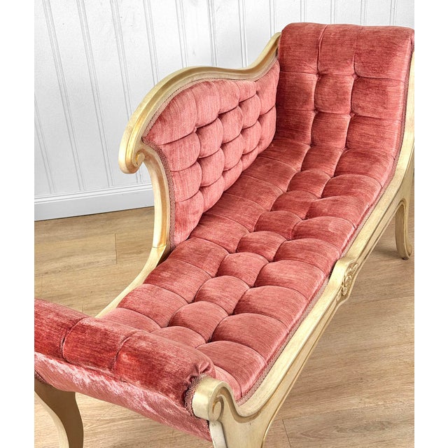 Vintage French Louis XVI Pink Suede Tuft Window Bench Chaise Settee For Sale - Image 6 of 10