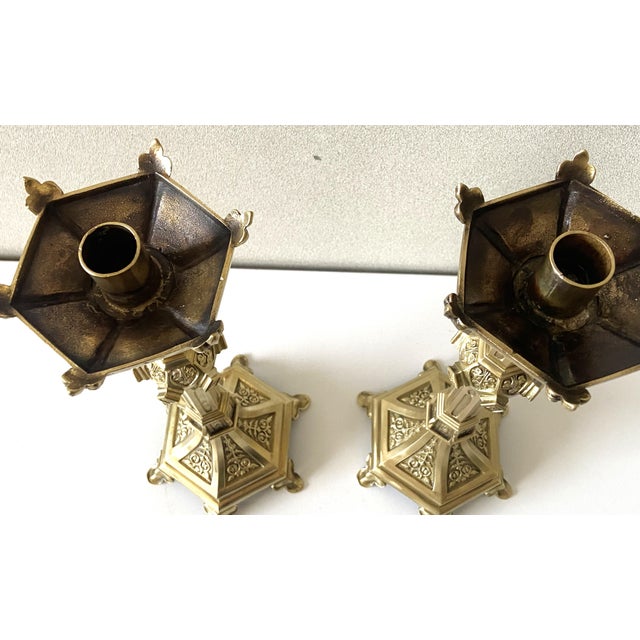 Antique Neo-Gothic Gilt Bronze Candlesticks, Set of 2 For Sale - Image 5 of 14