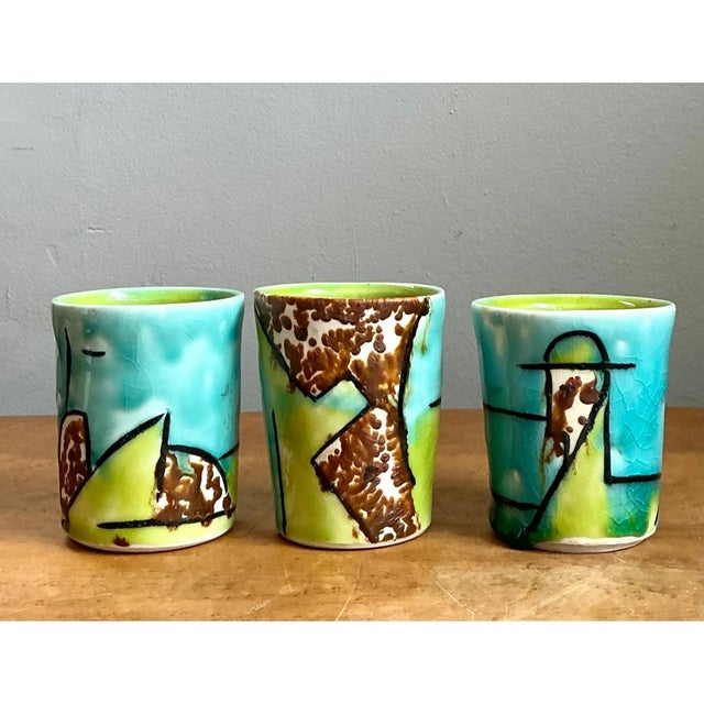 Bright Green Vintage Hand-Painted Ceramic Cups For Sale - Image 8 of 12