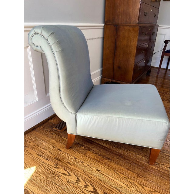 Pair of Barbara Barry for Baker Celadon Silk, Scroll Back Slipper Chairs For Sale - Image 10 of 12