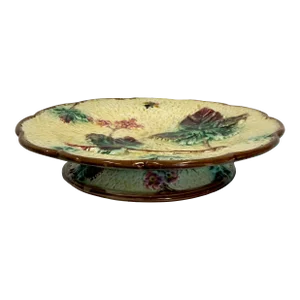 Antique Majolica Cake Stand /Comport Adorned With Leaf & Floral Motif From England - Circa 19th Century