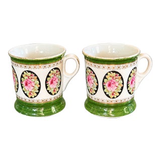 Antique German Floral Mugs With Pink Roses and Green Bands — Pair For Sale