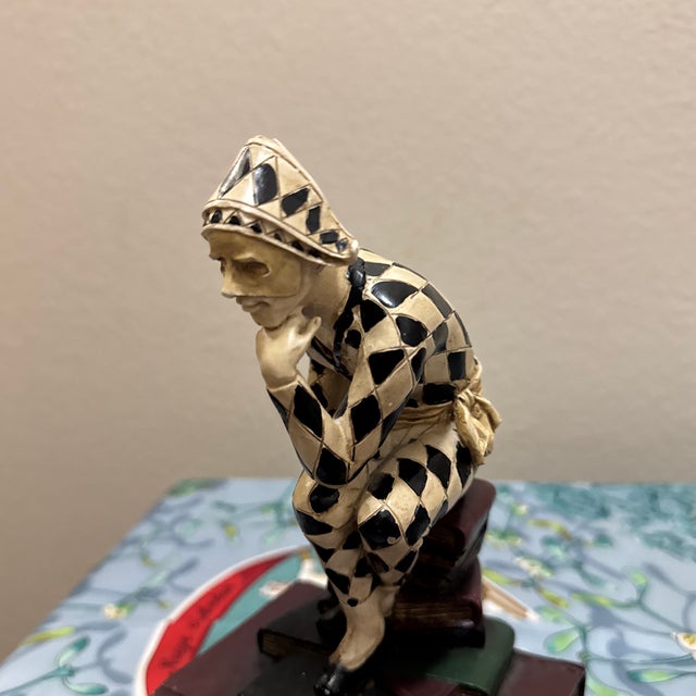 Art Deco French Art Deco Hand-Painted Harlequin "The Thinker" Jester Bookend For Sale - Image 3 of 10