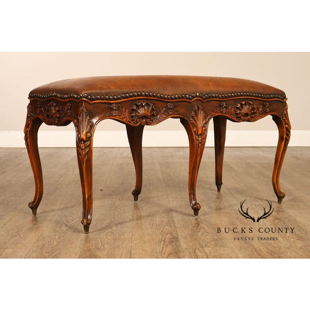 Rococo Style Leather Upholstered Carved Mahogany Window Bench For Sale - Image 13 of 18
