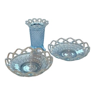 1930s Imperial Glass Katy Blue Opalescent Laced Edge- 3 Piece Set For Sale