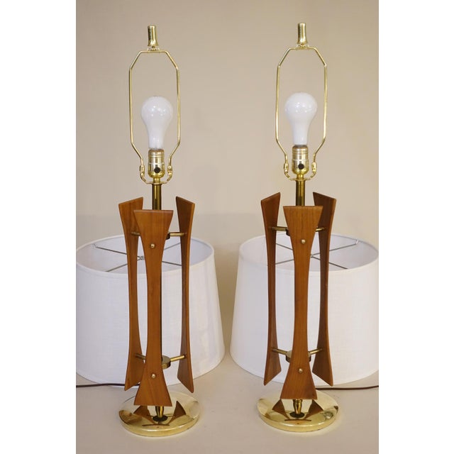 Brass Pair of Atomic Danish Modern Walnut Brass Architectural Large Table Lamps 1950s Modeline For Sale - Image 8 of 8