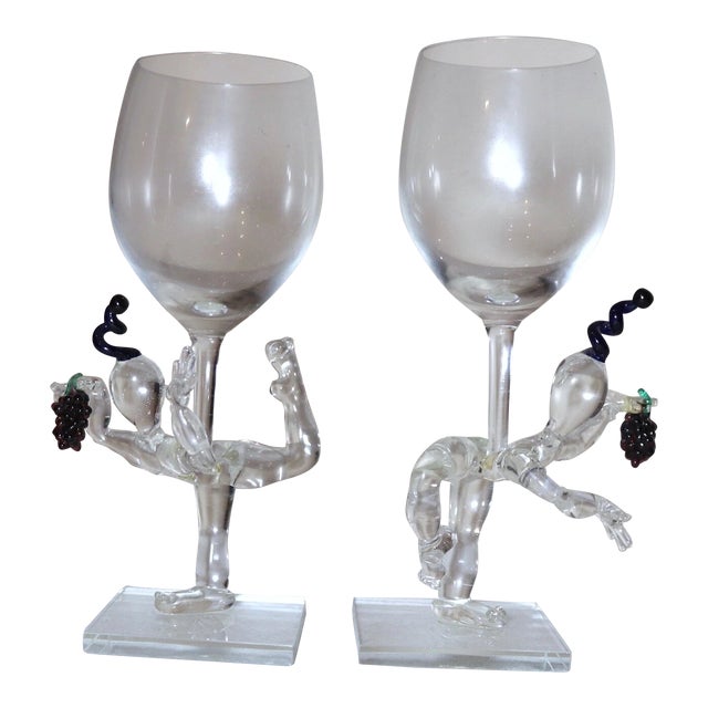 1990s Pair of Hand Blown Italian Murano Studio Art Glass Goblet Chalice Wine Glass Men For Sale
