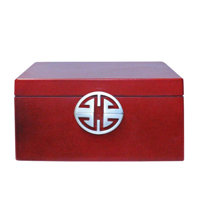 Oriental Round Hardware Red Rectangular Container Box Small For Sale