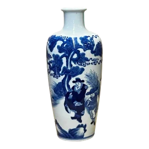 Chinese Blue White Porcelain Round Body People Theme Vase