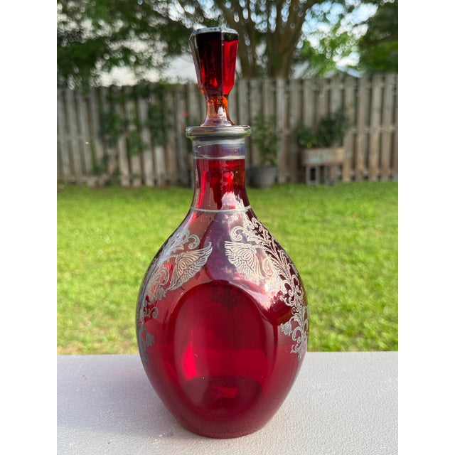 1930s 1930s Bohemian 10" Ruby Red Decanter Victorian Sterling Silver Overlay For Sale - Image 5 of 11
