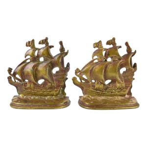 Early 20th Century Heavy Solid Cast Bronze Finished Sailing Ship Bookends - a Pair