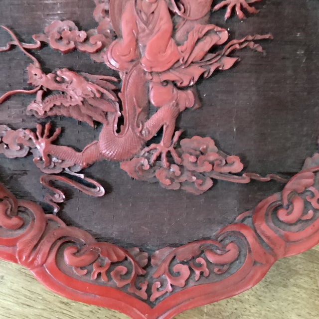 Wood Antique Chinese Red Cinnabar Lacquer Scalloped Dragon Plate With Calligraphy Marks For Sale - Image 7 of 12