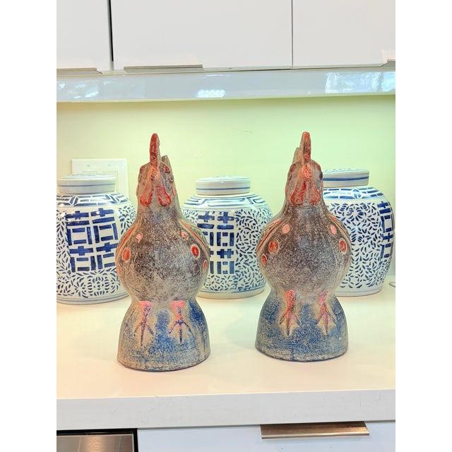Vintage Thai Terracotta Rooster Bird Sculptures Hand Painted Folk Art – a Pair Description: a charming matching pair of...
