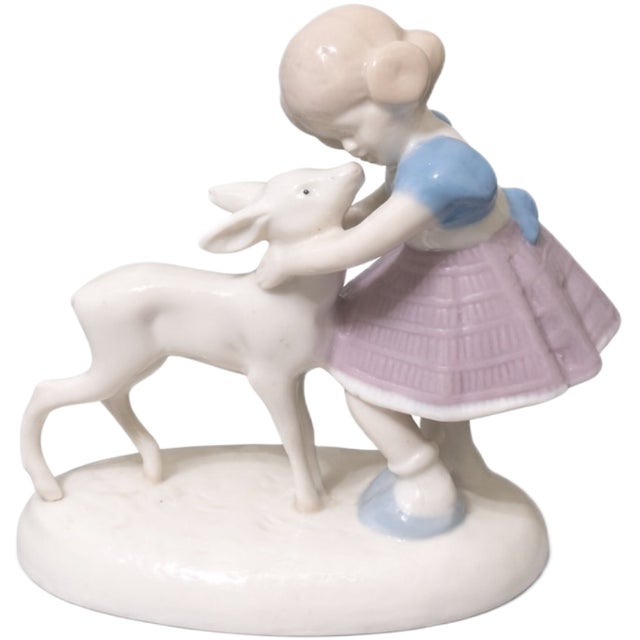 1950s Vintage Hand Painted Pastel Porcelain Sculpture of Girl and the Fawn, 1950s For Sale - Image 5 of 5