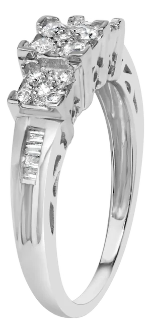10K White Gold 1/2 Cttw Brilliant & Baguette Cut Diamond 3 Stone Design with 3 Square Clusters Engagement Ring - Size 6-3/4