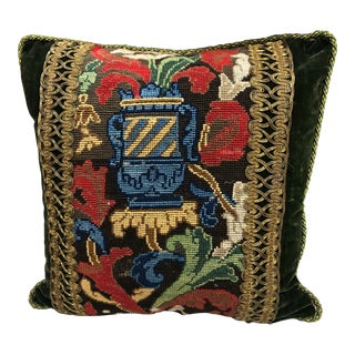 Antique Red and Green Tapestry Decorative Square Pillow For Sale