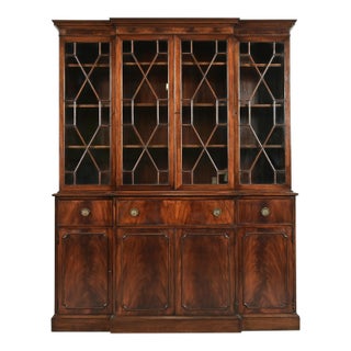Baker Furniture Style Georgian Flame Mahogany Breakfront Bookcase Cabinet With Drop Front Secretary Desk For Sale