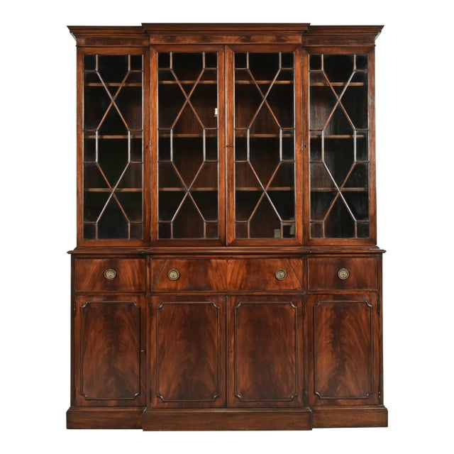 Baker Furniture Style Georgian Flame Mahogany Breakfront Bookcase Cabinet With Drop Front Secretary Desk For Sale