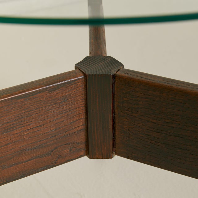 Wood French Brutalist Round Wood + Glass Coffee Table, 1960s For Sale - Image 7 of 8