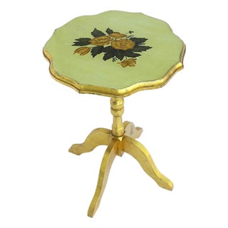 Gold Giltwood Scalloped Side Accent Table With Floral Top, Late 20th Century For Sale