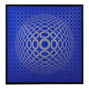 Victor Vasarely - ‘Tuz’ Silver Screenprint on Blue Background (1976, Framed)