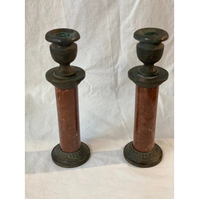 1980s Vintage Sarreid Ltd. Marble & Verdigris Candle Stick Holders- a Pair For Sale - Image 5 of 11