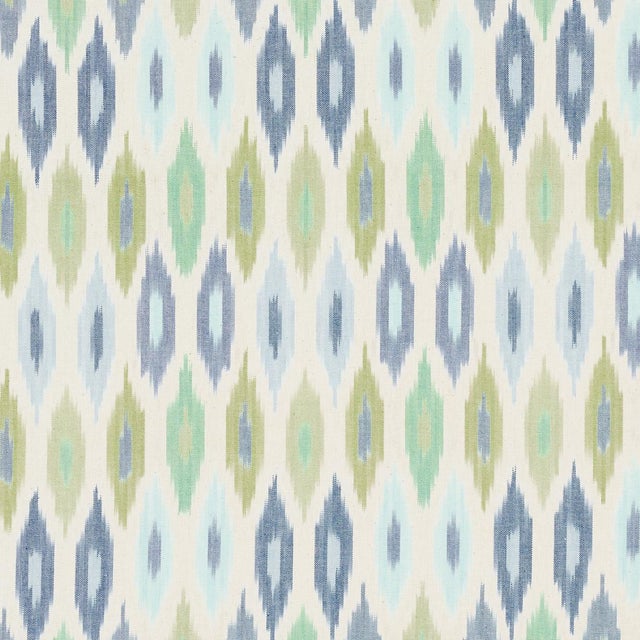 Schumacher Sunara Ikat Fabric In Peacock For Sale
