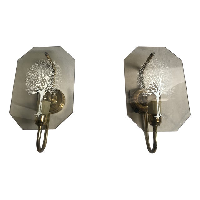 Art Deco Style Brass and Glass Wall Lights, 1960s, Set of 2 For Sale