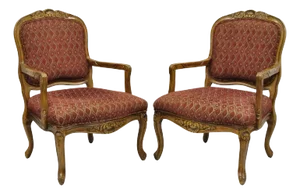 French Country Style Shell Carved Wood Burgundy Upholstered Lounge Chairs - Pair