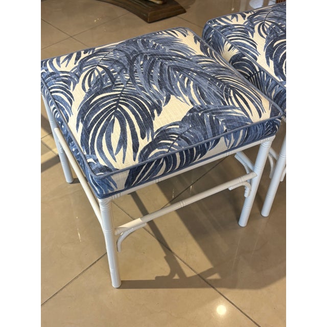 Blue Vintage Pair Faux Bamboo Metal Benches Ottomans Stools Blue & White Palms For Sale - Image 8 of 12