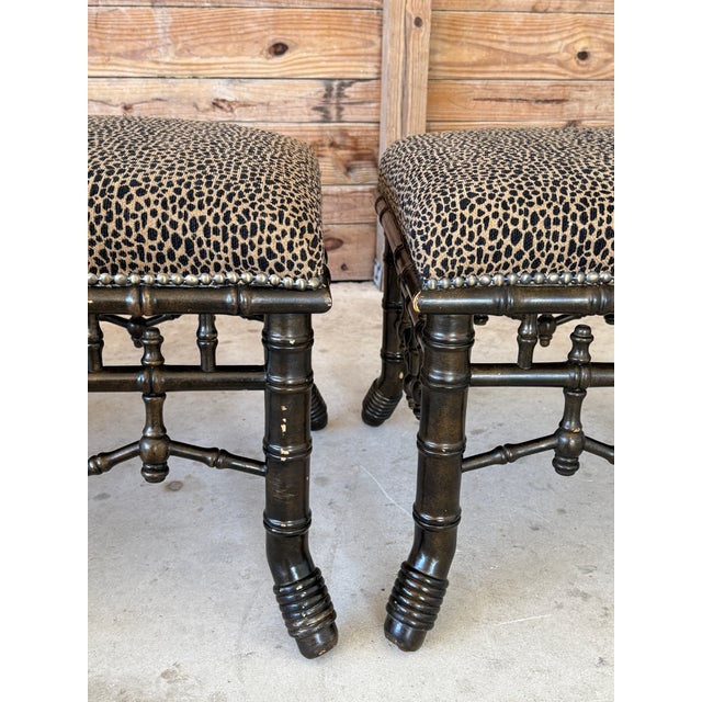 Vintage Chinoiserie Faux Bamboo Fretwork Ottomans With Leopard Upholstery-Pair For Sale In Naples, FL - Image 6 of 12