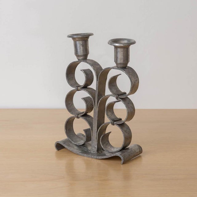 Metal 1930s Pair of French Pewter Scroll Candlesticks For Sale - Image 7 of 12