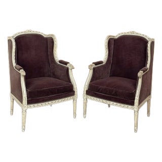 Pair Antique French Louis XVI Painted Bergeres ~ Armchairs For Sale