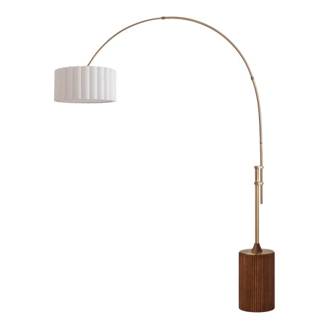 1980s Nova of California Tambo Brass Floor Lamp - 92 Mid Century Arc Lamp, Dark Walnut Base, White Linen Shade, Dimmable For Sale