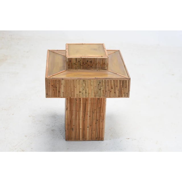 Rattan & Patinated Brass Prism Side Table/ Coffee Table For Sale - Image 4 of 5