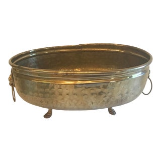 Vintage Hammered Oval Brass Planter For Sale