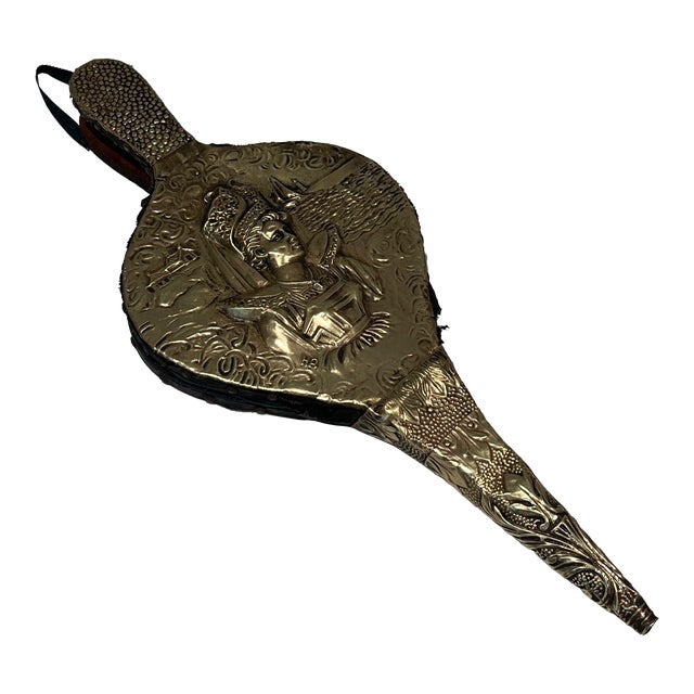 Embossed Brass Fireplace Bellows Representing a Woman For Sale
