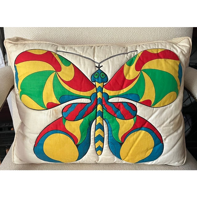 Mid-Century Modern Rectangular Accent Pillow With Quilted Mod Graphic Butterfly Design Circa 1970 For Sale - Image 4 of 9