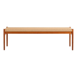 Long Teak Bench with Paper Cord Weaving by Niels O. Møller for j.l. Møllers, Denmark, 1960s For Sale