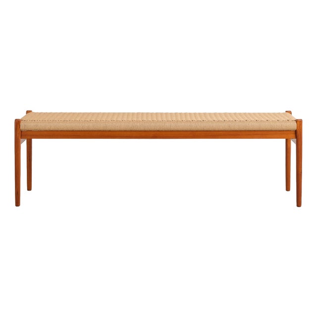 Long Teak Bench with Paper Cord Weaving by Niels O. Møller for j.l. Møllers, Denmark, 1960s For Sale