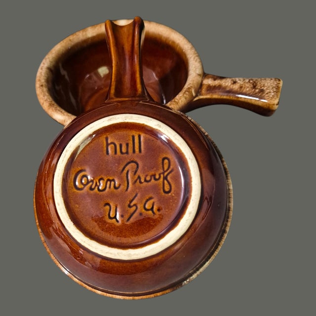 Vintage Four Usa Hull Glazed Pottery Onion Soup Handle Bowls For Sale - Image 4 of 7